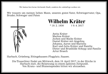 Traueranzeige von Wilhelm Kräter von  Gießener Anzeiger