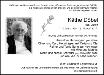 Traueranzeige von Käthe Döbel von VRM Trauer