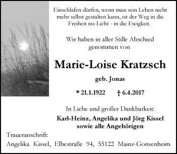 Traueranzeige von Marie-Loise Kratzsch von Trauerportal Rhein Main Presse