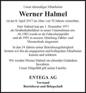 Traueranzeige von Werner Halmel von Trauerportal Echo Online