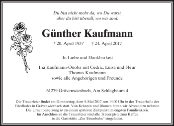 Traueranzeige von Günther Kaufmann von  Usinger Anzeiger