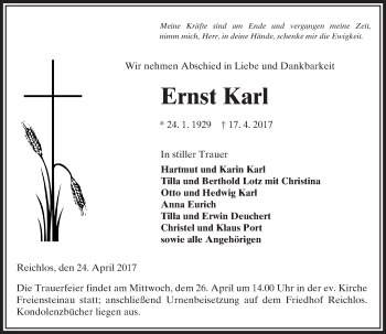 Traueranzeige von Ernst Karl von VRM Trauer