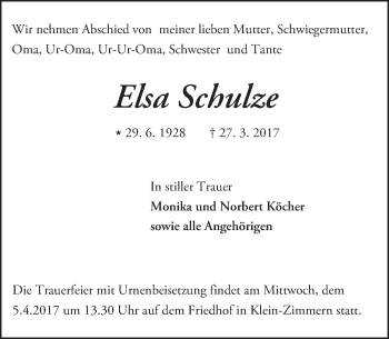 Traueranzeige von Elsa Schulze von Trauerportal Echo Online