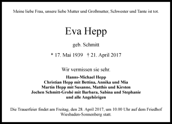 Traueranzeige von Eva Hepp von Trauerportal Rhein Main Presse