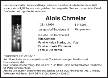 Traueranzeige von Alois Chmelar von Trauerportal Echo Online