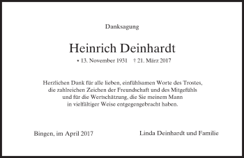 Traueranzeige von Heinrich Deinhardt von Trauerportal Rhein Main Presse