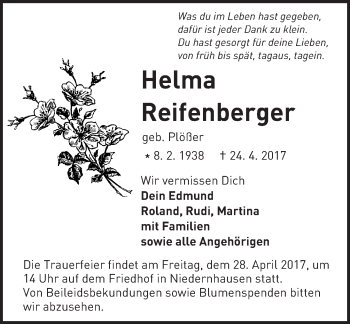 Traueranzeige von Helma Reifenberger von Trauerportal Echo Online
