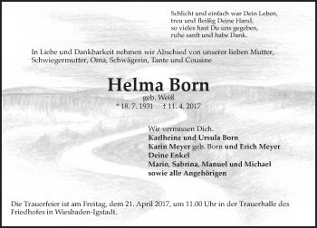 Traueranzeige von Helma Born von Trauerportal Rhein Main Presse