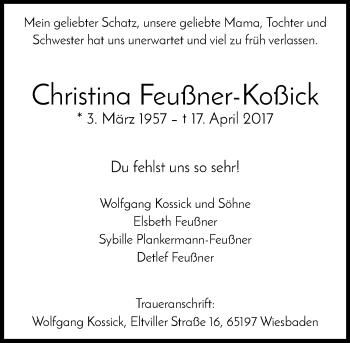 Traueranzeige von Christina Feußner-Koßick von Trauerportal Rhein Main Presse