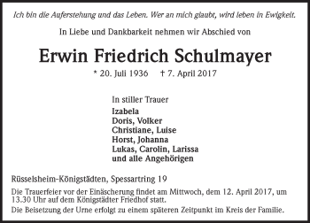 Traueranzeige von Erwin Friedrich Schulmayer von Trauerportal Rhein Main Presse
