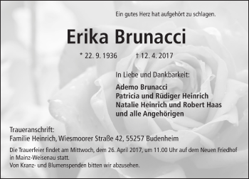 Traueranzeige von Erika Brunacci von Trauerportal Rhein Main Presse