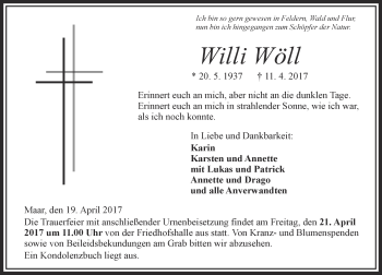 Traueranzeige von Willi Wöll von VRM Trauer