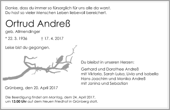 Traueranzeige von Ortrud Andreß von  Gießener Anzeiger