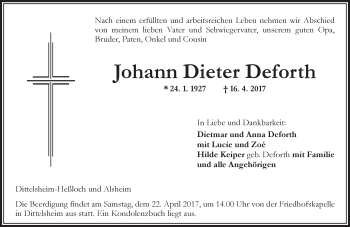 Traueranzeige von Johann Dieter Deforth von Trauerportal Rhein Main Presse