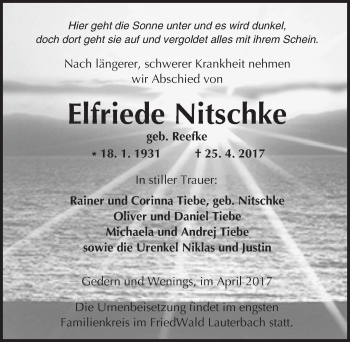 Traueranzeige von Elfriede Nitschke von  Kreisanzeiger