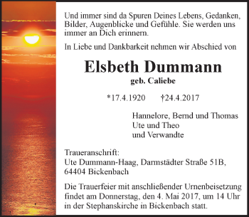 Traueranzeige von Elsbeth Dummann von Trauerportal Echo Online
