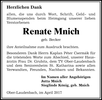 Traueranzeige von Renate Mnich von Trauerportal Echo Online