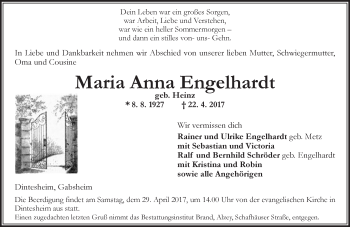 Traueranzeige von Maria Anna Engelhardt von Trauerportal Rhein Main Presse