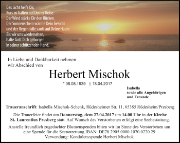Traueranzeige von Herbert Mischok von Trauerportal Rhein Main Presse