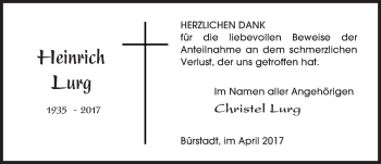 Traueranzeige von Heinrich Lurg von Trauerportal Echo Online