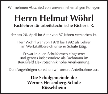 Traueranzeige von Helmut Wöhrl von Trauerportal Rhein Main Presse