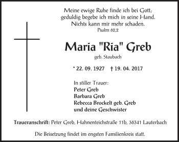 Traueranzeige von Maria Ria Greb von VRM Trauer