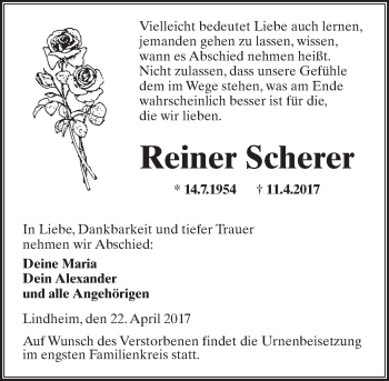 Traueranzeige von Reiner Scherer von  Kreisanzeiger