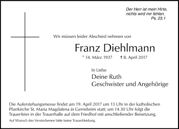 Traueranzeige von Franz Diehlmann von Trauerportal Echo Online