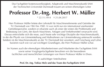 Traueranzeige von Herbert W. Müller von Trauerportal Echo Online