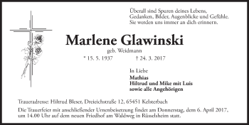 Traueranzeige von Marlene Glawinski von Trauerportal Rhein Main Presse