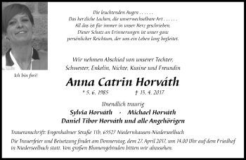 Traueranzeige von Anna Catrin Horváth von  Usinger Anzeiger