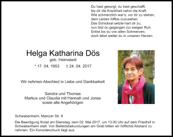 Traueranzeige von Helga Katharina Dös von Trauerportal Rhein Main Presse