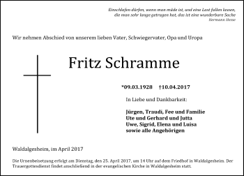 Traueranzeige von Fritz Schramme von Trauerportal Rhein Main Presse