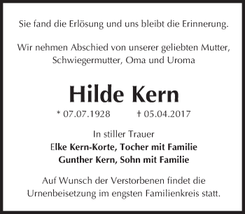 Traueranzeige von Hilde Kern von Trauerportal Rhein Main Presse