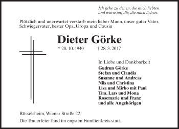 Traueranzeige von Dieter Görke von Trauerportal Rhein Main Presse