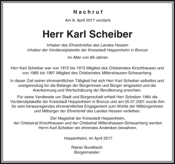 Traueranzeige von Karl Scheiber von Trauerportal Echo Online