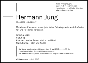 Traueranzeige von Hermann Jung von Trauerportal Rhein Main Presse