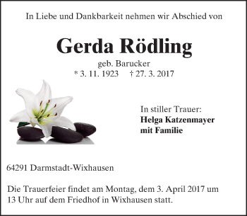 Traueranzeige von Gerda Rödling von Trauerportal Echo Online