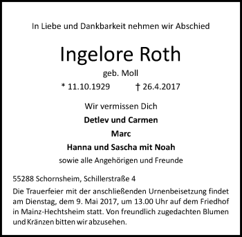 Traueranzeige von Ingelore Roth von Trauerportal Rhein Main Presse