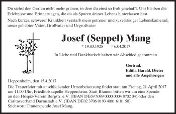 Traueranzeige von Josef Seppel Mang von Trauerportal Echo Online