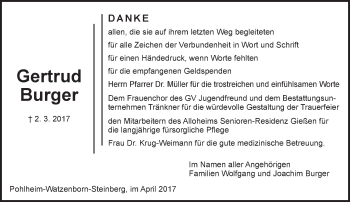 Traueranzeige von Gertrud Burger von  Gießener Anzeiger