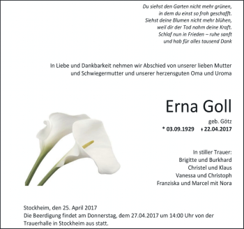 Traueranzeige von Erna Goll von VRM Trauer