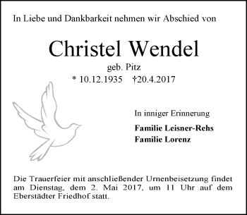 Traueranzeige von Christel Wendel von Trauerportal Echo Online