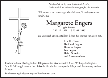 Traueranzeige von Margarete Engers von Trauerportal Rhein Main Presse
