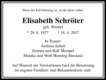 Traueranzeige von Elisabeth Schröter von  Gießener Anzeiger