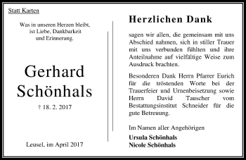 Traueranzeige von Gerhard Schönhals von VRM Trauer