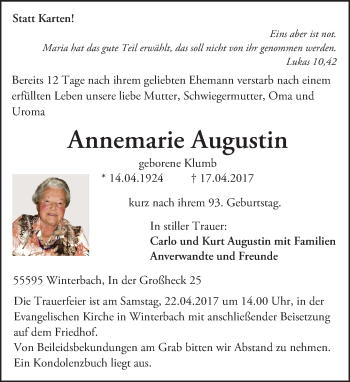 Traueranzeige von Annemarie Augustin von Trauerportal Rhein Main Presse