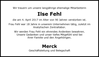 Traueranzeige von Ilse Fehl von Trauerportal Echo Online
