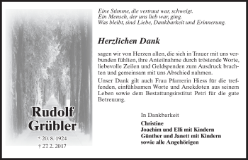 Traueranzeige von Rudolf Grübler von Trauerportal Rhein Main Presse
