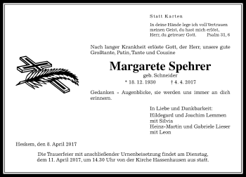 Traueranzeige von Margarete Spehrer von  Gießener Anzeiger